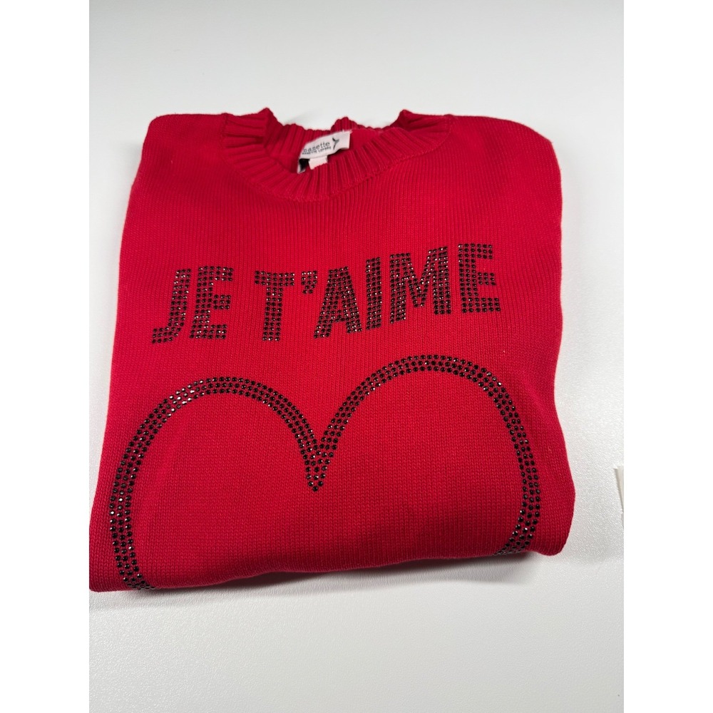 Nanette Lepore Red Je T'aime Heart Rhinestone Knit Sweater Womens Small - Picture 6 of 12